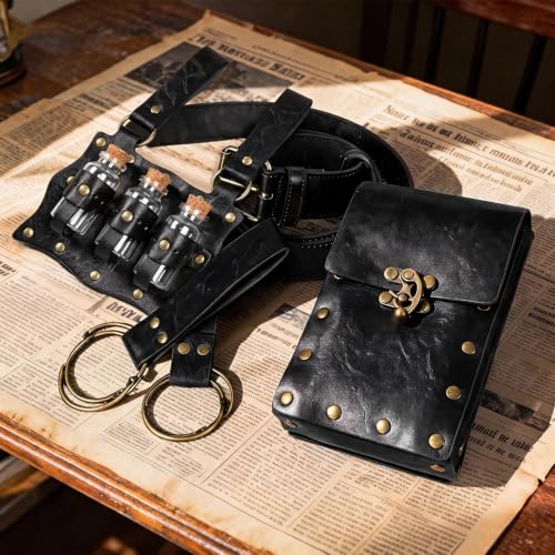 Renaissance Belt Pouch Medieval Pirate Costume Accessories Set for Cosplay | Viking Faux Leather Waist Bag, Skirt Hike Clips, Perfect for Women and Men Ren Faire, LARP, Fantasy, Halloween - color: Black-G