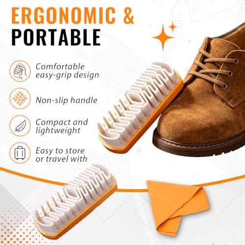 2PCS Suede Brush Cleaning Kit with Microfiber Cloth for Suede Footwear | Soft rubber bristle brush, gentle dirt removal, portable & reusable, works for shoes, bags, jackets, sofa and car interior
