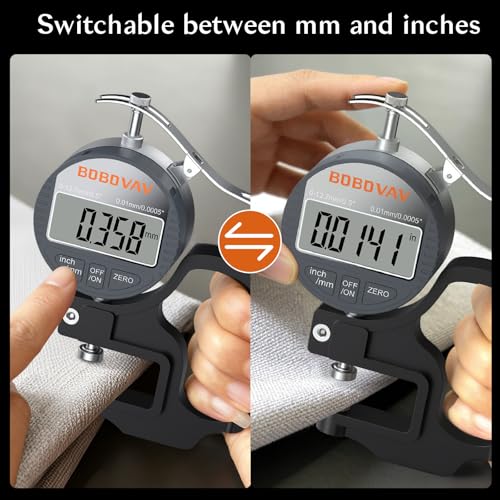Digital Thickness Gauge 0.5 inch/12.7mm, 0.0005 inch/0.01mm Thickness Measuring Tool Meter with Inch/MM Conversion with Precise LCD Display, Suitable for Leather/Paper/Wire/Fabric/Film etc.