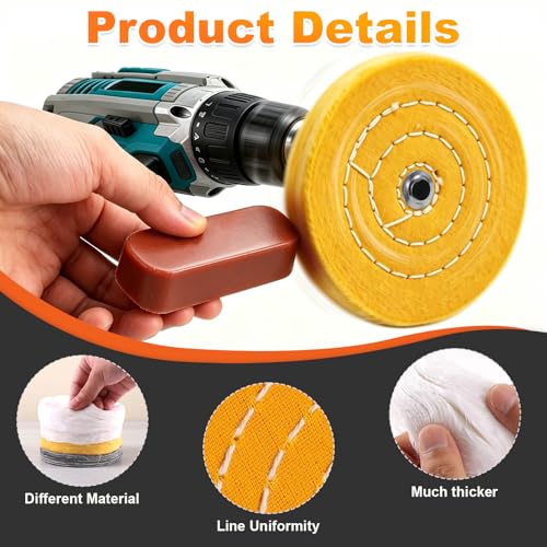 BURMONG 4” Metal Buffing & Polishing Wheel Kit for Drill with 1/4” Drill Adapter, 8PCS Set with 4 Cotton Polishing Wheels (1/2” Arbor Hole) & 3 Polishing Compounds for Aluminum & Metal