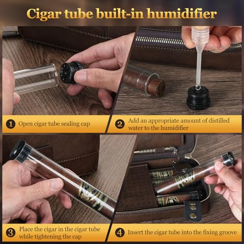 Cigar Humidor, Leather Travel Cigar Case, Portable Cigar Box with Cigar Draw Enhancer and Multifunction Cigar Cutter, Cigar Accessories Gift Set (Brown) - color: Brown