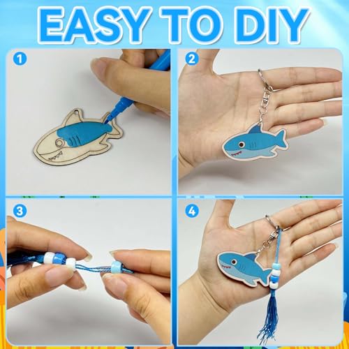 Cinrobiye 24 Set Under The Sea Party Favors Ocean Animals Keychain Craft Kits Bulk Sea Life Wooden Paint Keychains with Colored Pens Gift for Home School Art Craft Project Birthday Summer Party Favors - style: Ocean