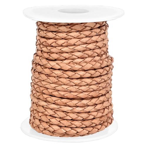 GENIQUE Real/Genuine Round Braided Leather Cord String Rope Folded, Leather Rope for Crafts, Jewelry Making, Necklace, Bracelets (3mm, Natural) - color: Natural, size: 3mm