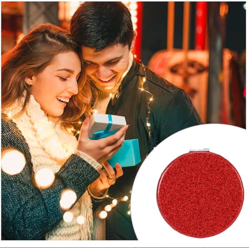 Red Compact Mirror for Purse,Magnifying Travel Mirror with Glitter,Double-Sided Small Pocket Mirror,Portable 2 x 1x Magnification Folding Makeup Mirror,Cosmetic Mirror for Gift - color: Red-round