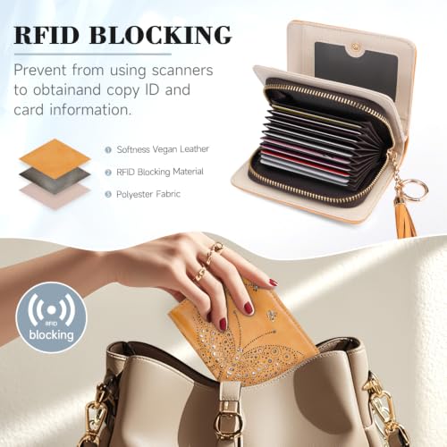 KITEVIUN Women RFID Blocking Small Bifold Wallet, Compact Cash Clutch with Zipper Coin Pocket, Glittery Butterfly Design, Credit Card Holder, Travel Purse with Tassel YELLOW - color: 04-YELLOW