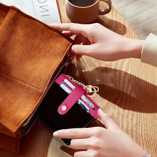 Airkit Small Wallet Women RFID, PU Leather Card Holder with Keychain - color: Black & Rose Red