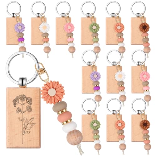 Wavyknot 12 Set Daisy and Wood Beadable Keychain Bars Bulk Laser Engraving Blanks Keychain Kit for DIY Crafts Jewelry(Pastel) - color: Pastel, style: Wood