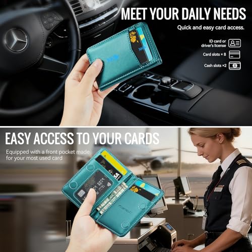 Slim Wallet for Men Women RFID Blocking Card Holder Bifold Front Pocket Mini Wallet with 8 Card Slots and 2 Cash Pockets, Minimalist PU Leather Small Travel Purse Compact Gift, Blue Green - color: Blue Green