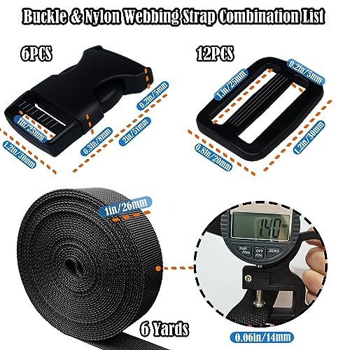 Buckles Straps 1 Inch, Nylon Webbing Straps 6 Yards + 6 PCS Quick Side Release Plastic Buckles + 12 PCS Tri-Glide Slide Clip, No Sewing Required Heavy Duty Durable, Backpack Dog Collars Replacement. - color: 1 Inch Buckles Straps