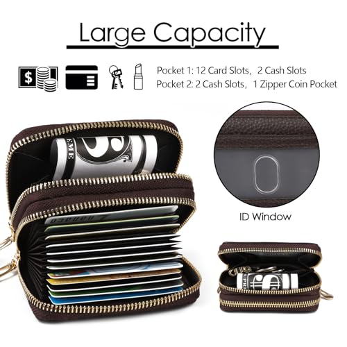 imeetu Rfid Credit Card Holder, Businese Card Case, Wallet for Women Men | Genuine Leather Card Wallet with id Window, Keychain & Double Zipper, Water-resistan Small Wallet with Gift Box, Daily Travel - color: Max - Coffee