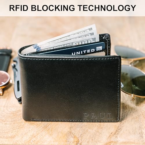 STAY FINE Personalized Wallet for Men, Custom Engraved Leather RFID Blocking Bifold, 2 ID Windows, 8 Card Slots, Gift for Him, Black - color: Black Engraved