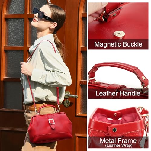 CONTACTS Full Grain Leather Doctor Purse Bag for Women Top Handle Bag Vintage Handbag Shoulder Bag - color: Red