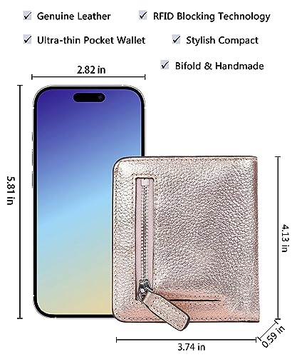 Small Leather Wallet for Women, Ladies Credit Card Holder RFID Blocking Women's Mini Bifold Pocket Purse - color: Champaign Gold Rfid Blocking