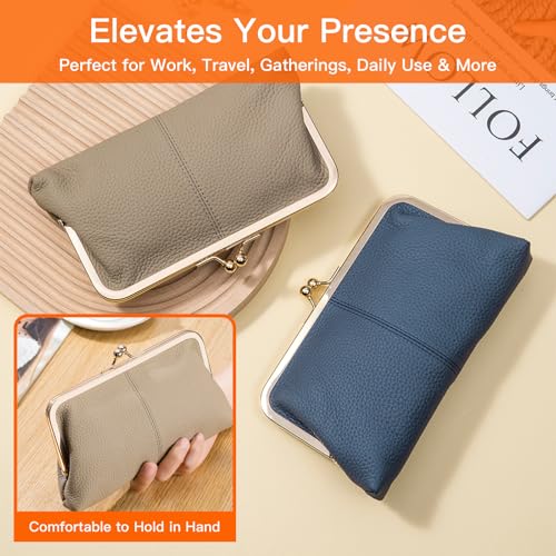 Women's Genuine Leather Wallet - Fashionable Kiss Lock Card Holder, Long Clutch Purse, Portable Large Capacity Travel Wallett (Gray) - color: Gray