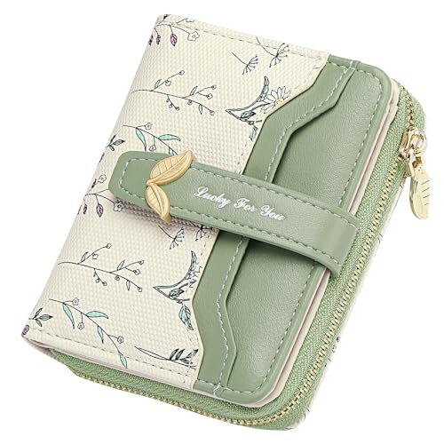 GAEKEAO Small Wallets Woman RFID Blocking Vegan Leather Bifold Floral Ladies Purse Card Holder with Zipper Pocket ID Window - color: Z-Green