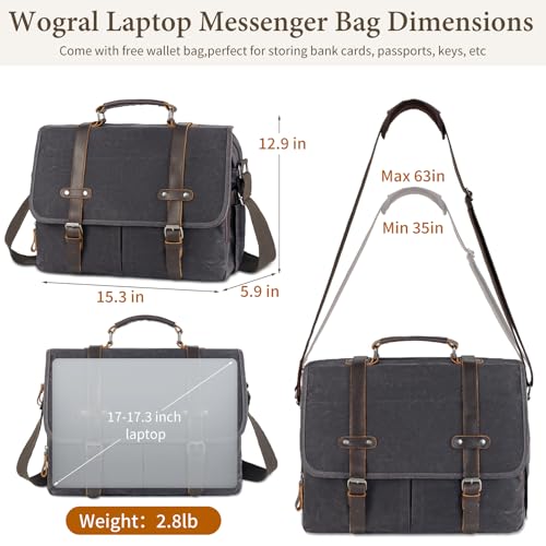 Vintage Men Laptop Bag, 15.6 Inch Messenger Bag Leather Waxed Canvas | Briefcase Large Computer Laptop Bag Briefcase Satchel Handbags Crossbody Bags Water Resistant Work Business Travel - color: Grey Black