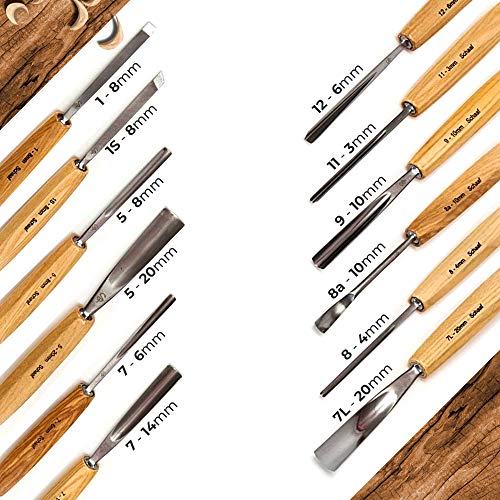 Schaaf Wood Carving Tools 12-pc Wood Chisel Set with Gouges, Hand Sharpened | Professionally sharpened carving chisels for beginners, sculpture and relief carving, ergonomic handles, tutorials included - color: Professionally Sharpened 12 Piece Set