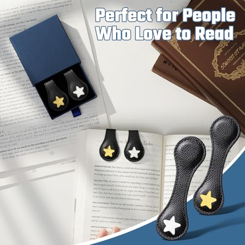 Ovesmusl 2Pcs PU Leather Star Magnetic Bookmarks with Pen Holder | Black and black set with double-sided magnets, gift box included, for books, notebooks, magazines, readers and teachers - style: Star (Black+Black)