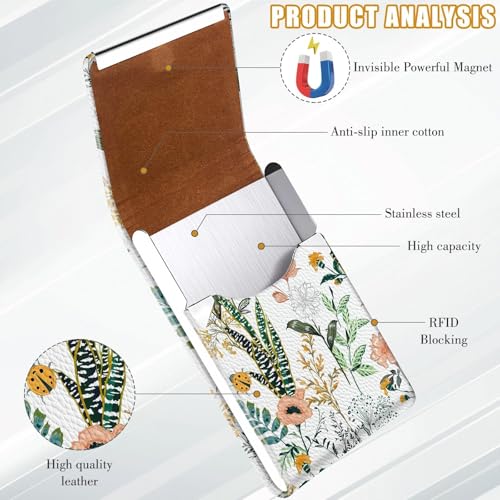 2Pack Leather Stainless Steel Business Card Holder, Metal Slim Business Card Case for Women or Men, Pocket Business Card Carrier with Prints, Magnetic Closure, RFID Blocking - color: Flower-Grass