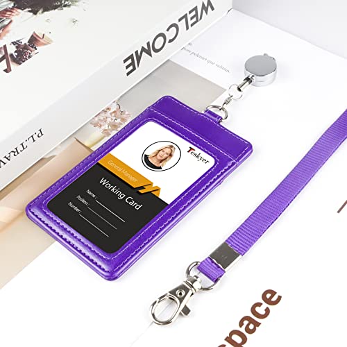 Teskyer Badge Holder with Retractable Lanyard, Vertical Purple | Durable Nylon Lanyard, Rear Card Pocket, Scan Without Removing Card, Built to Last, Work & Cruise Ready - color: Deep Purple, size: Vertical