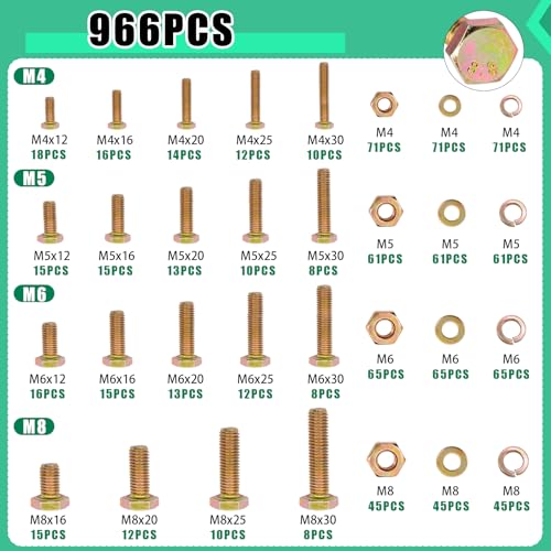 Twidec/966PCS Metric Bolt Assortment,Grade 8.8 Hex Head Bolts and Nuts Assortment Kit, M4/M5/M6/M8(12-30mm)Heavy Duty Nuts and Bolts Kit, Flat & Spring Lock Washer Gold Zinc Plating With Storage Case - color: Golden 966PCS M4 M5 M6 M8
