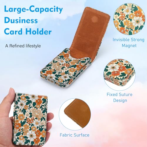 Business Card Holder, PU Leather Printing Business Card Case Pocket with Magnetic Shut, Portable Business Card Carrier Holder for Women or Men (Flower-Yellow) - color: Flower-Yellow