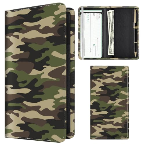 Checkbook Cover for Personal Checkbook, Cute Pu Leather Check Book for Women & Men, Slim Checkbook Holder with Pen Holder and Built-in Clear Plastic Divider, Green Camouflage - color: Green Camouflage