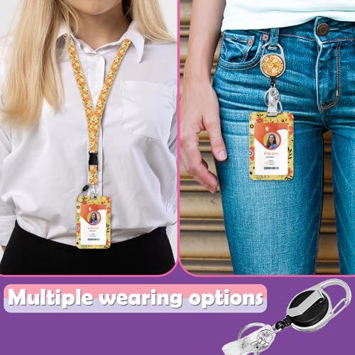 ID Badge Holder with Lanyard,Retractable ID Badge Card Holders Detachable Neck Lanyard Strap with Badge Reel and Vertical ID Holder for Nurse Students Teachers Office Staff(Flower Yellow) - color: Flower Yellow