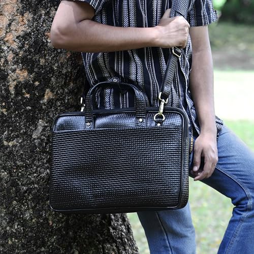 16 inch Laptop Bag for Men, Vintage Leather Shoulder Office Crossbody Bag With Adjustable Straps Metal Grip (50 Inch) - color: Classic Black