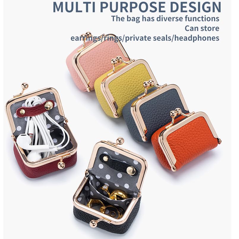 Genuine Leather Mini Jewelry Box & Coin Purse for Women, Travel Jewelry Case with Kiss Lock, Holds Earrings, Rings, Necklace, Bracelet, Coins (Yellow) - color: Yellow - 2.5in