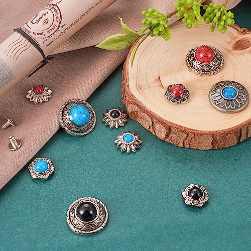 24 Sets Conchos for Leather Sunflower Decorative Rivets Studs 13-20mm Turquoise Conchos Metal Rapid Rivet Round Castings Screw Back Button Retro Manual Goods Decoration Accessory - color: #05-Turquoise-24sets