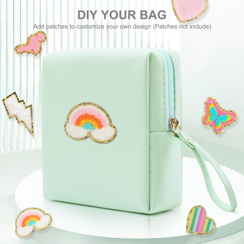 Sanitary Napkin Period bag for Women, Sanitary Napkin Storage Bag, PU Leather Sanitary Pad Bags Pounch, Portable Tampons Zipper Organizer Bag with Handle for Ladies - color: Mint