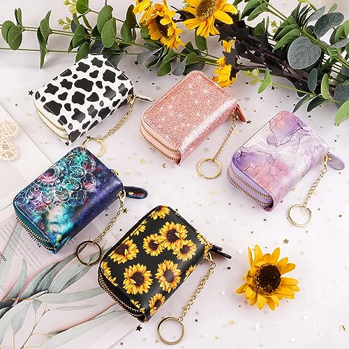 Credit Card Holder Small Double Zipper Card Wallet for Women with Keychain, Sunflower - color: Sunflower