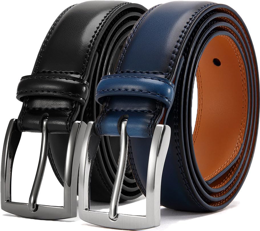 Men's Genuine Leather Dress Belts, 2 Pack, 1.32" Wide, | 100% genuine cowhide leather, handcrafted with classic prong buckles for business, casual, office, suit, jeans and daily wear - color: 03 Black Belt/Blue Belt, size: Fits 30" to 34" waist
