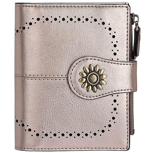 Womens Leather Wallet Small Compact RFID Blocking Credit Card Case Purse with Zipper Pocket | Small - color: Champagne Gold