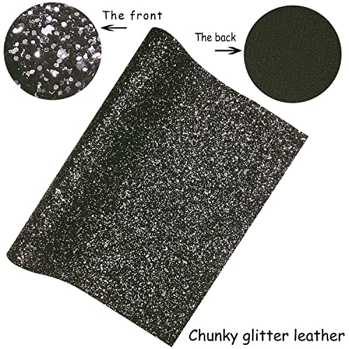 Sparkly Black with Silver Chunky Glitter Fabric Roll 12 x 52 Inch, Shiny Mixed Color Winter Halloween Faux Leather for Bows Crafts (16010#5) - color: 16010#5