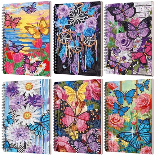 Fullhawl 6 Pack 5D DIY Diamond Art Crafts Kit for Adults Office Supplies Beginner A5 Leather Diamond Painting Gift for Women Art Cover Craft Accessories with Tool (Butterfly Floral) - style: Butterfly Floral