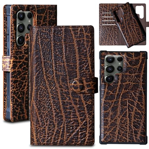 Leather Case Wallet Compatible with Samsung Galaxy S22 Ultra 6.8" | Genuine Leather2-in-1Magnetic Detachable Shockproof,Flip Folio Cover with Card Slot, RFID Blocking Dark Brown - color: Buffalo Pattern, size: 6.8"-S22 Ultra