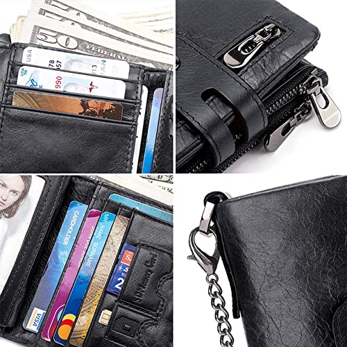 boshiho Genuine Leather Bifold Chain Wallet for Men RFID Blocking - color: Black-2