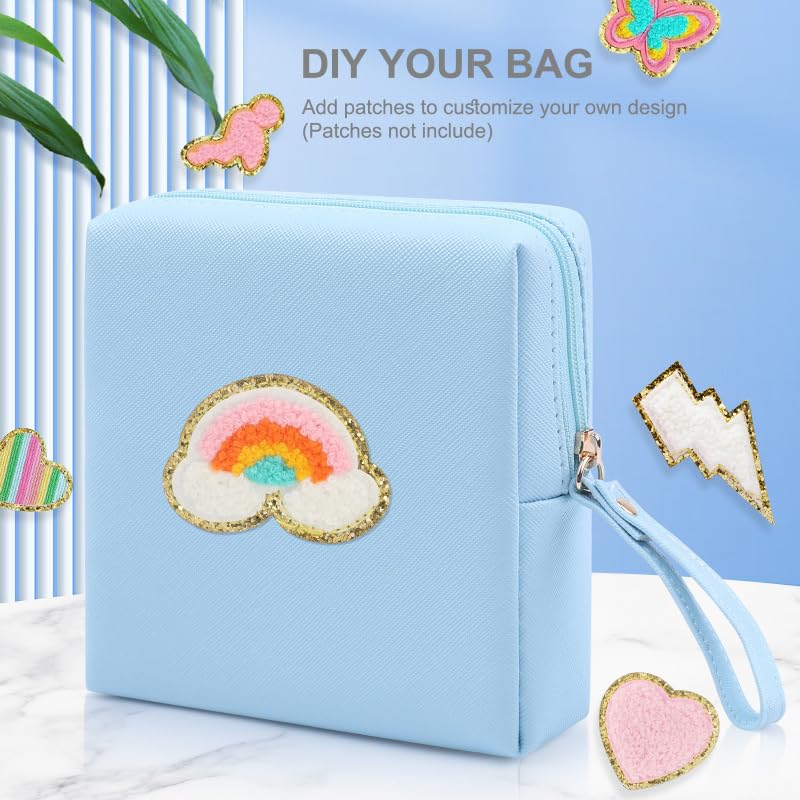 Sanitary Napkin Period bag for Women, Sanitary Napkin Storage Bag, PU Leather Sanitary Pad Bags Pounch, Portable Tampons Zipper Organizer Bag with Handle for Ladies - color: Blue