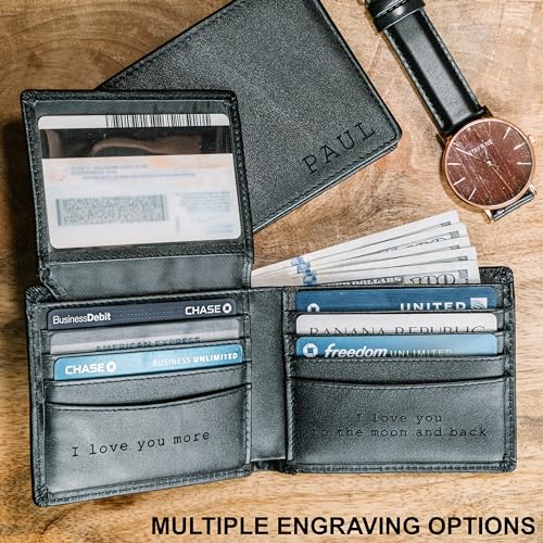 STAY FINE Personalized Wallet for Men, Custom Engraved Leather RFID Blocking Bifold, 2 ID Windows, 8 Card Slots, Gift for Him, Black - color: Black Engraved