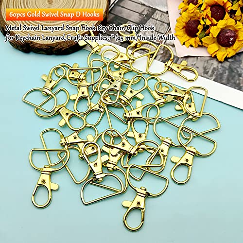 60Pcs Gold Swivel Snap Hook D Ring, Metal Swivel Clasps Lobster Clasp Key Chain Clip Hook Claw Lobster Lanyard Clasp for Keychain Lanyard, Jewelry, DIY Crafts Supplies - color: Gold