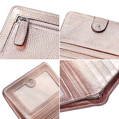 Small Leather Wallet for Women, Ladies Credit Card Holder RFID Blocking Women's Mini Bifold Pocket Purse - color: Champaign Gold Rfid Blocking