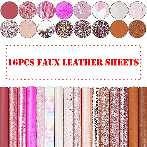 16 Pieces 8x6 Inch New Contrast Colors Champagne Gold Hot Pink Series Faux Leather Fabric Sheets Include Litchi Fine Chunky Glitter Butterfly Leopard Patent Embossing for Leather Earring Bows Making - color: Champagne Gold Hot Pink Series