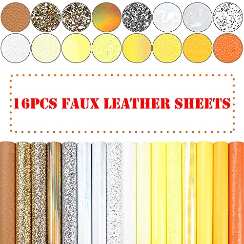 16 Pieces 8x6 Inch New Contrast Colors White Yellow Gold Series Faux Leather Fabric Sheets Include Litchi Fine Chunky Glitter Butterfly Flamingo Patent Holographic for Leather Earring Bows Making - color: White Yellow Gold Series