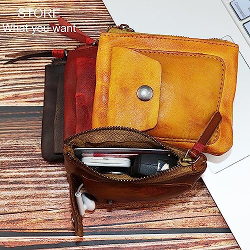 Genuine Cowhide Coin Purse for Men, Women Leather Coin Pouch Zipper Coin Purse Wallet Leather Zipper Storage Bag Coin Organizer (Yellow) - color: Yellow