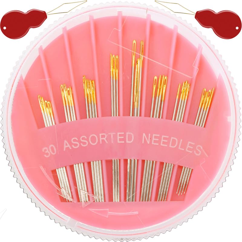 JollMono 30Pack Premium Sewing Needles for Hand Sewing Repair, 6 Sizes Assorted Needles with 2 Threaders, Hand Sewing Needles, Large Eye Stitching Needles, Embroidery Needles, Sewing Sharp Needles - size: 30PCS PINK