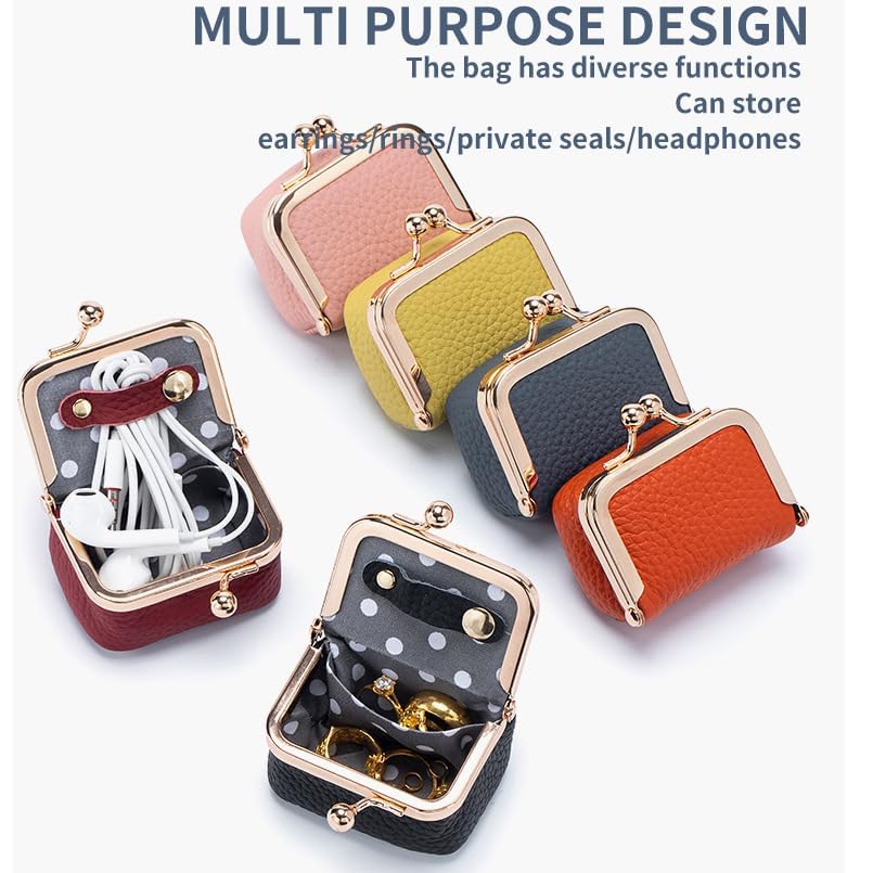 Genuine Leather Mini Jewelry Box & Coin Purse for Women, Travel Jewelry Case with Kiss Lock, Holds Earrings, Rings, Necklace, Bracelet, Coins (Pink-L 2.95in) - color: Pink - 2.95in