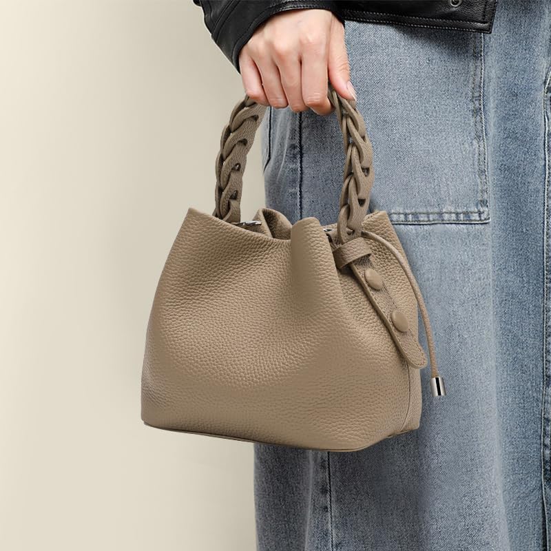 Genuine leather cowhide women's handbag, mini mobile phone cosmetic bucket shoulder/crossbody bag. - color: Khaki