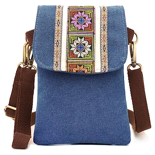SILKAREA Vintage Embroidered Canvas Flip Small Crossbody Bag Cell Phone Pouch for Women Wristlet Wallet Bag Coin Purse - color: Navy Blue